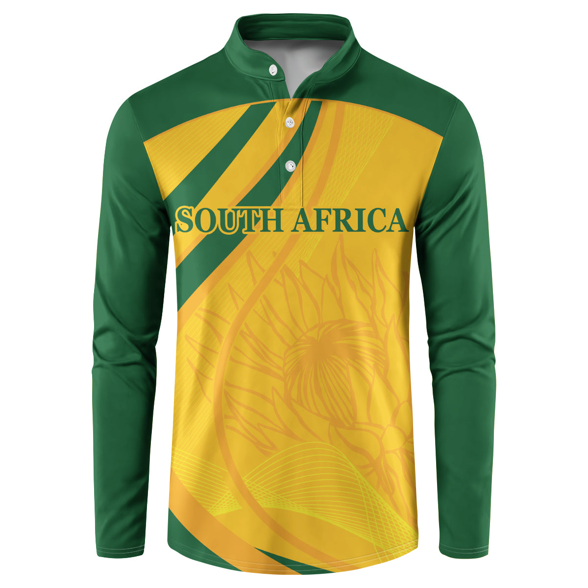 Green long-sleeve button sweatshirt with yellow diagonal graphic and 'SOUTH AFRICA' text