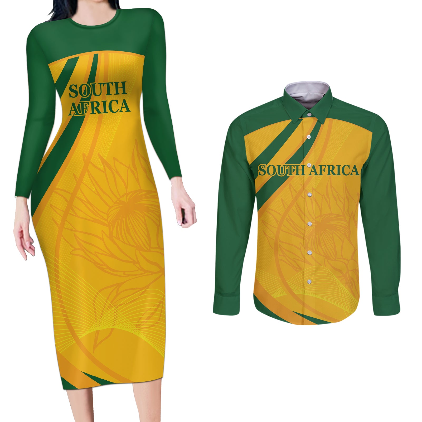 South Africa Cricket World Cup 2024 Couples Matching Long Sleeve Bodycon Dress and Long Sleeve Button Shirt Proteas Make Champions LT9 - Wonder Print Shop