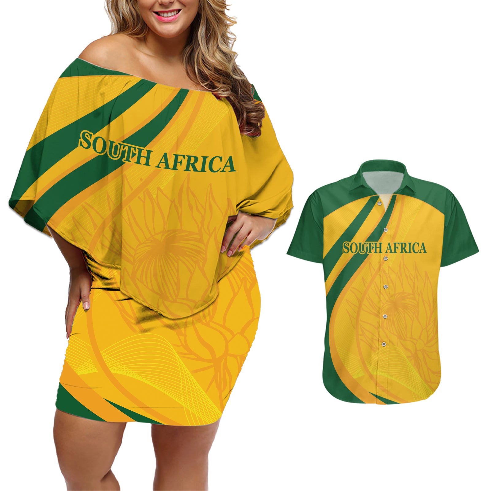 South Africa Cricket World Cup 2024 Couples Matching Off Shoulder Short Dress and Hawaiian Shirt Proteas Make Champions LT9 - Wonder Print Shop