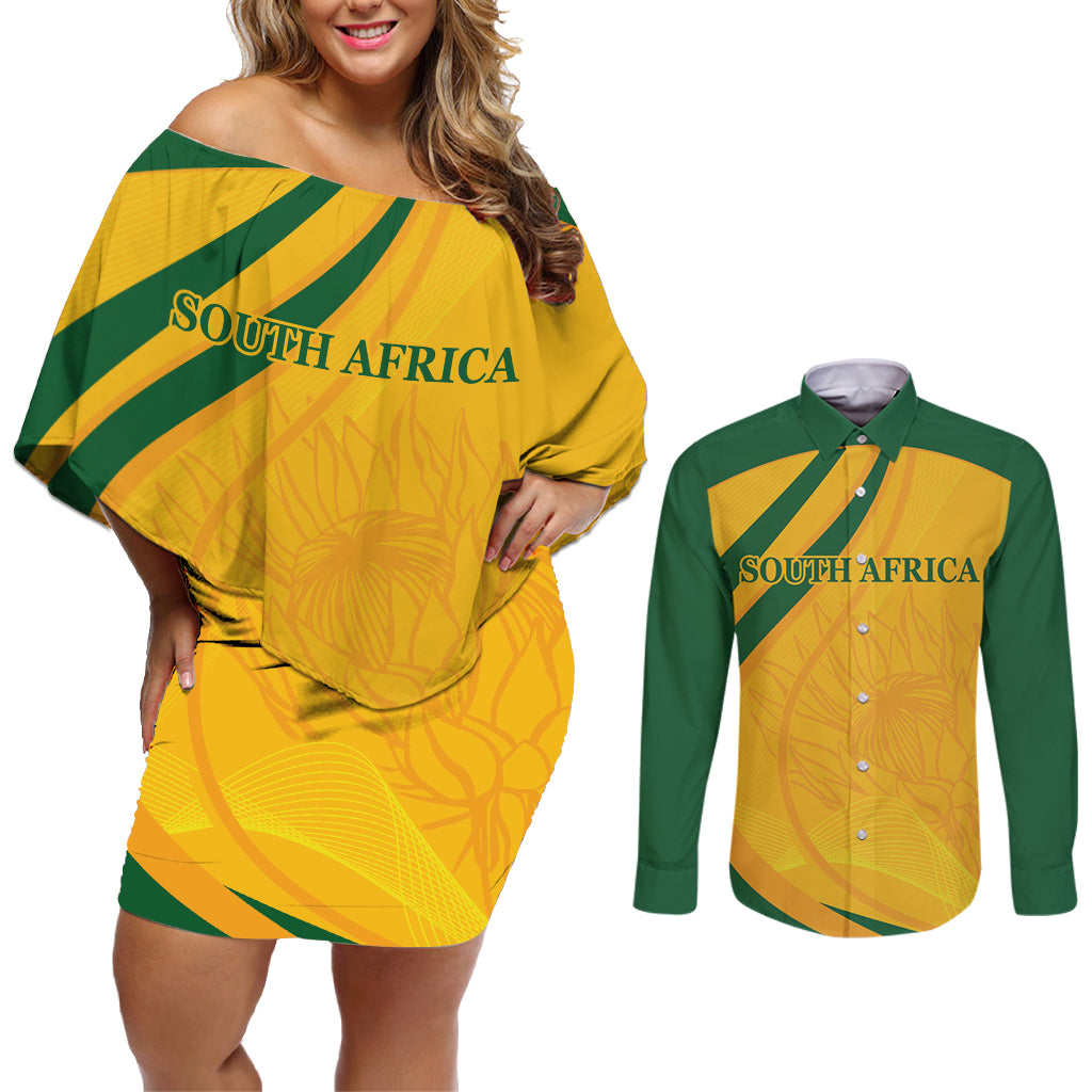 South Africa Cricket World Cup 2024 Couples Matching Off Shoulder Short Dress and Long Sleeve Button Shirt Proteas Make Champions LT9 - Wonder Print Shop