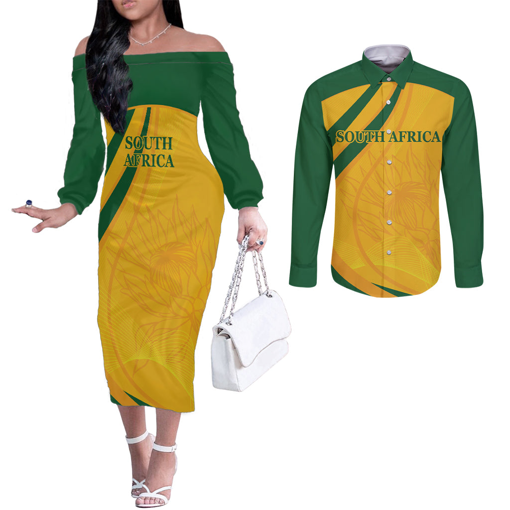 South Africa Cricket World Cup 2024 Couples Matching Off The Shoulder Long Sleeve Dress and Long Sleeve Button Shirt Proteas Make Champions