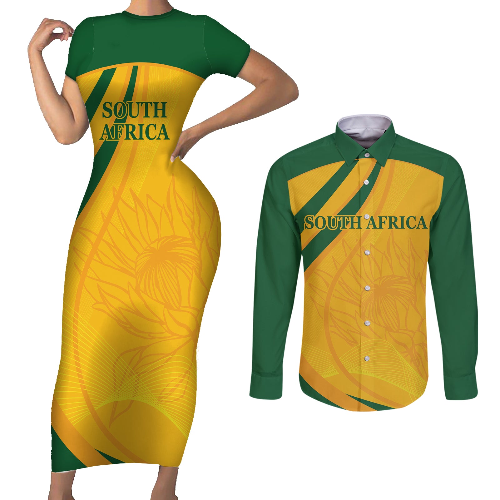 South Africa Cricket World Cup 2024 Couples Matching Short Sleeve Bodycon Dress and Long Sleeve Button Shirt Proteas Make Champions LT9 - Wonder Print Shop