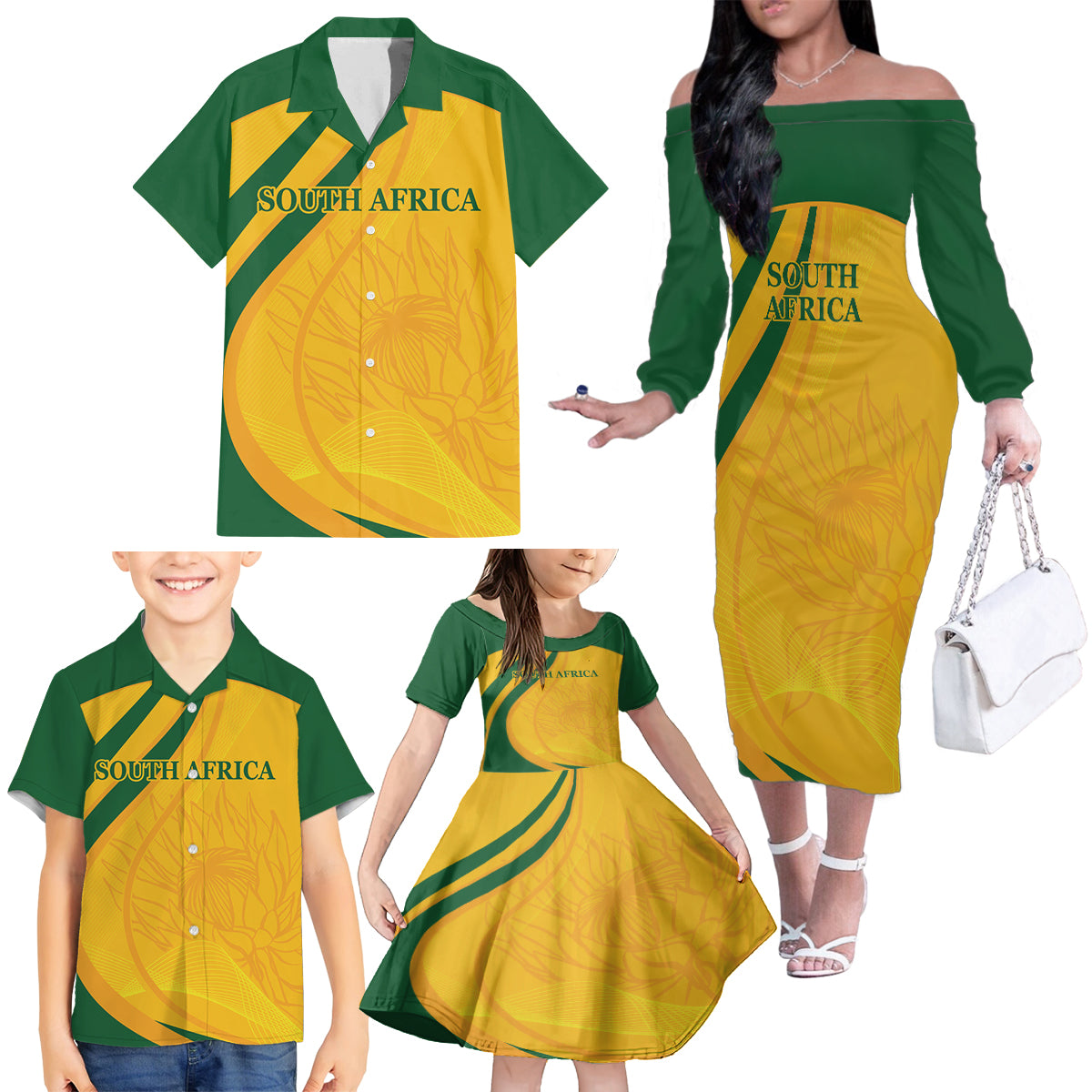 South Africa Cricket World Cup 2024 Family Matching Off The Shoulder Long Sleeve Dress and Hawaiian Shirt Proteas Make Champions - Wonder Print Shop