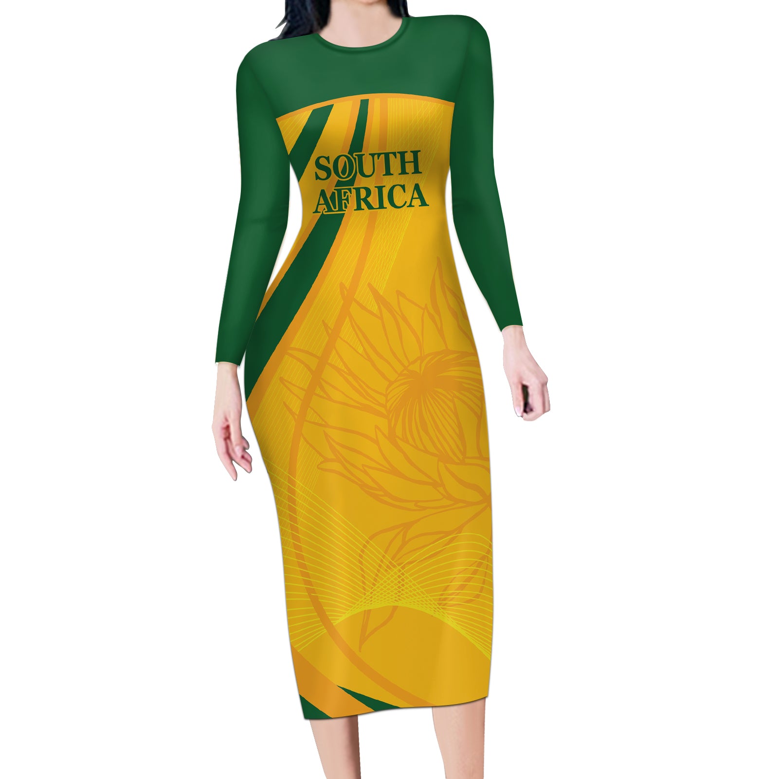 South Africa Cricket World Cup 2024 Long Sleeve Bodycon Dress Proteas Make Champions - Wonder Print Shop