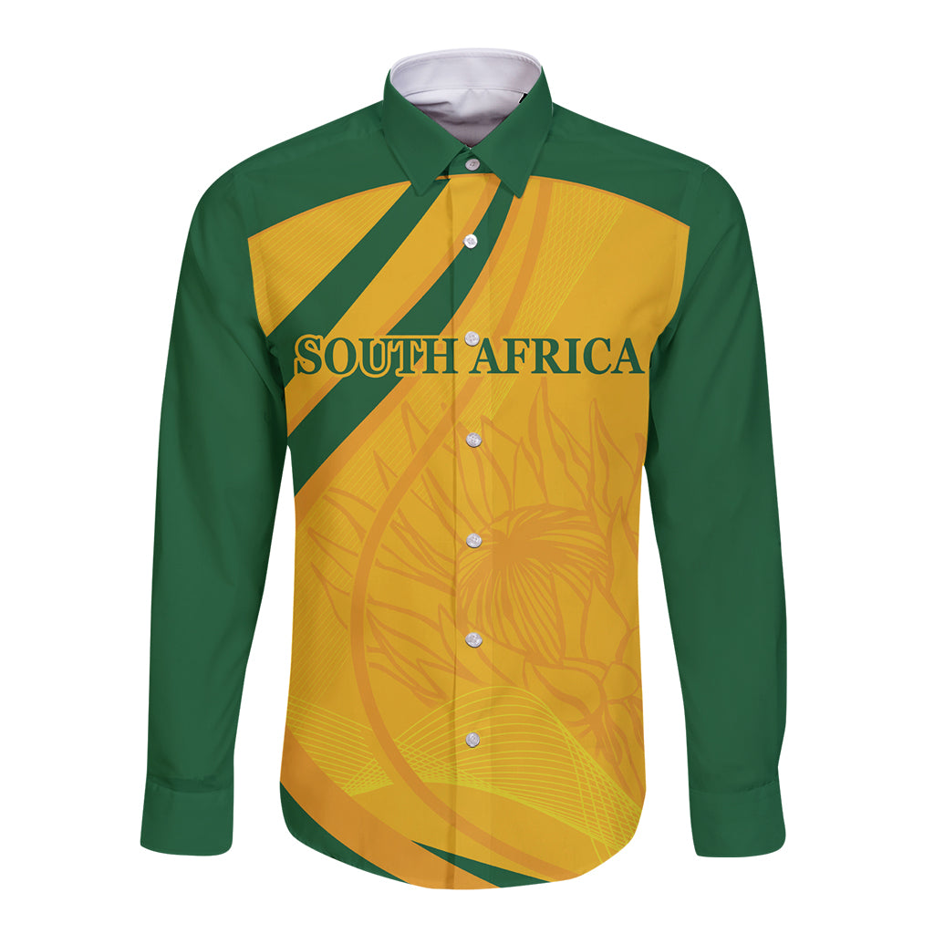 Green and gold long sleeve button shirt with South Africa front graphic