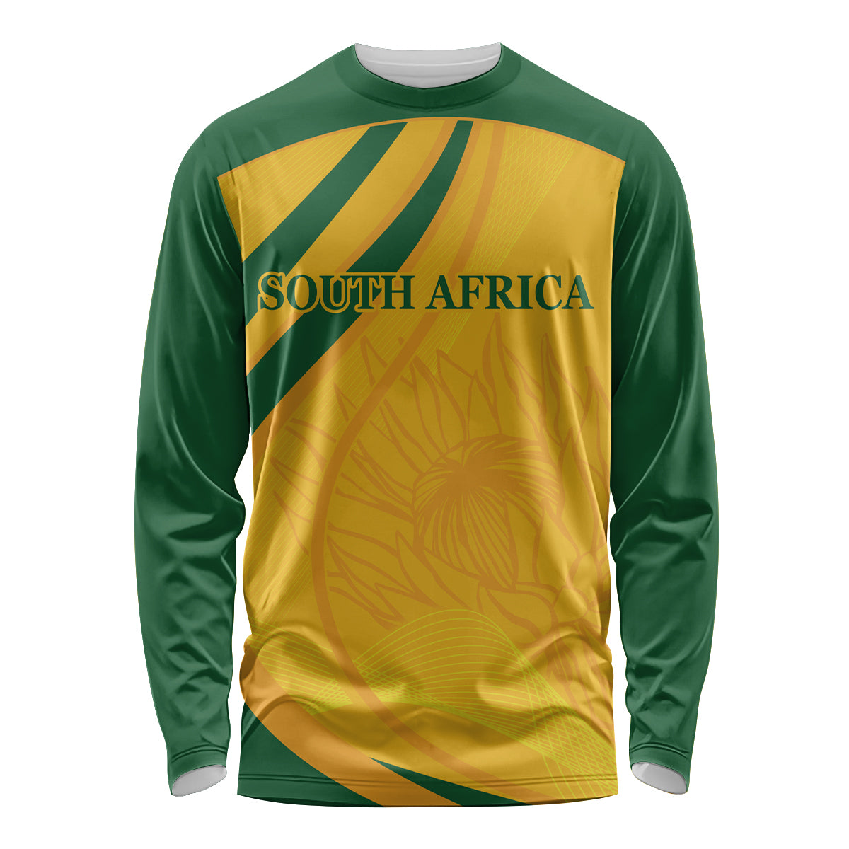 Green and gold long-sleeve cricket shirt with SOUTH AFRICA graphic on front