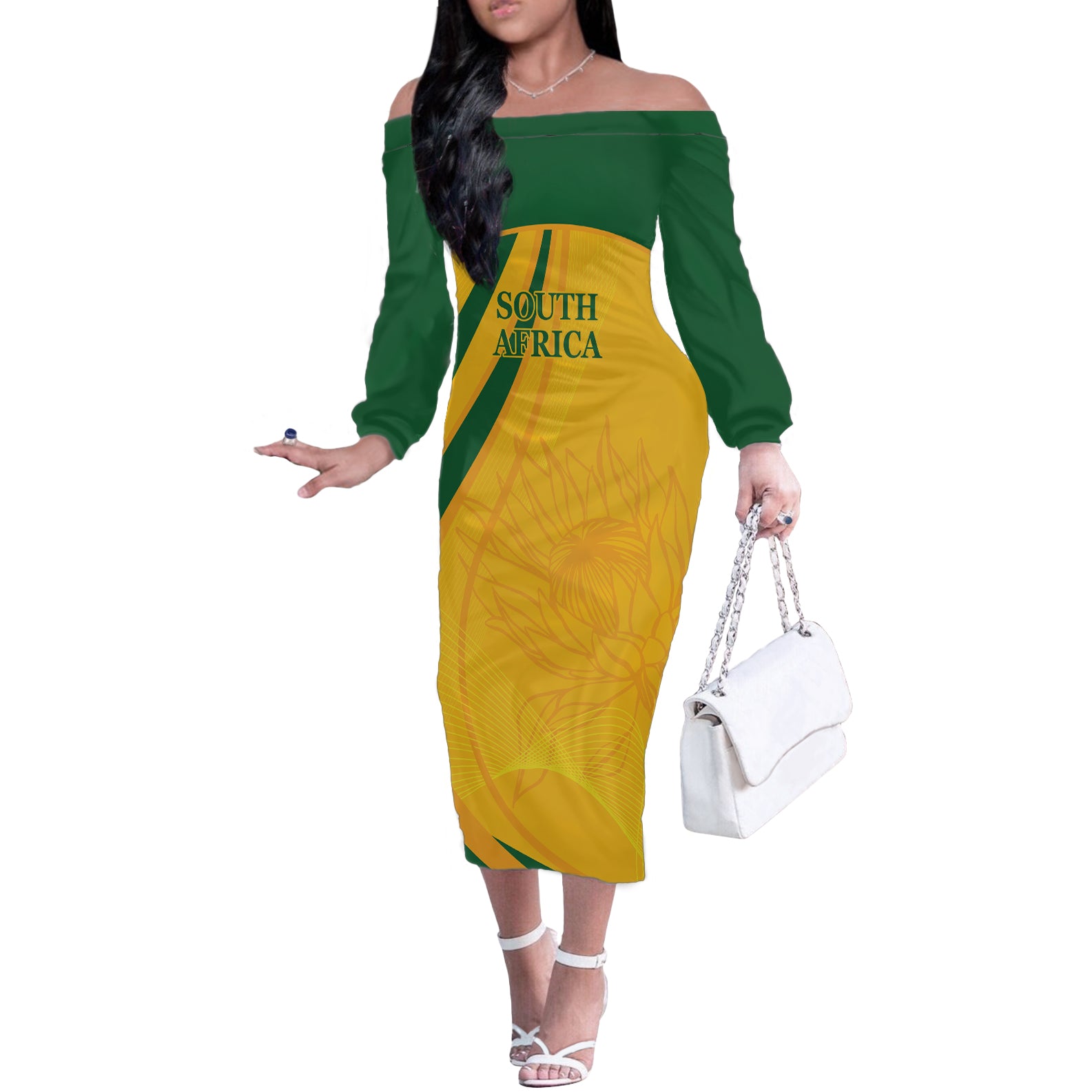 South Africa Cricket World Cup 2024 Off The Shoulder Long Sleeve Dress Proteas Make Champions - Wonder Print Shop