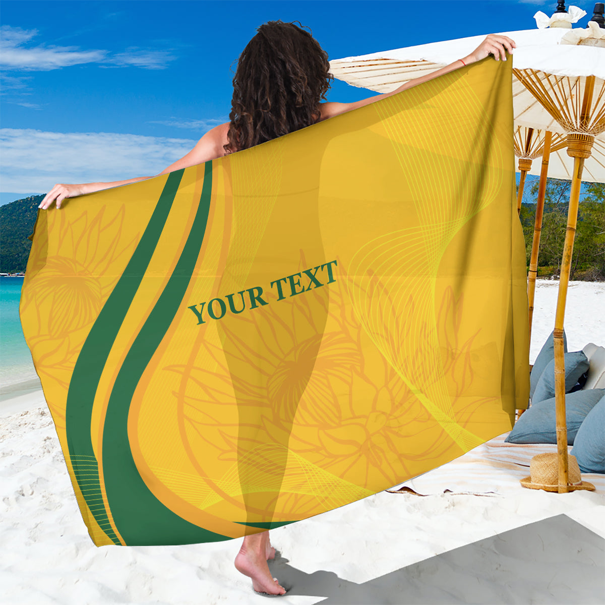 Gold cricket-themed sarong with green stripe and “YOUR TEXT” print, draped wide