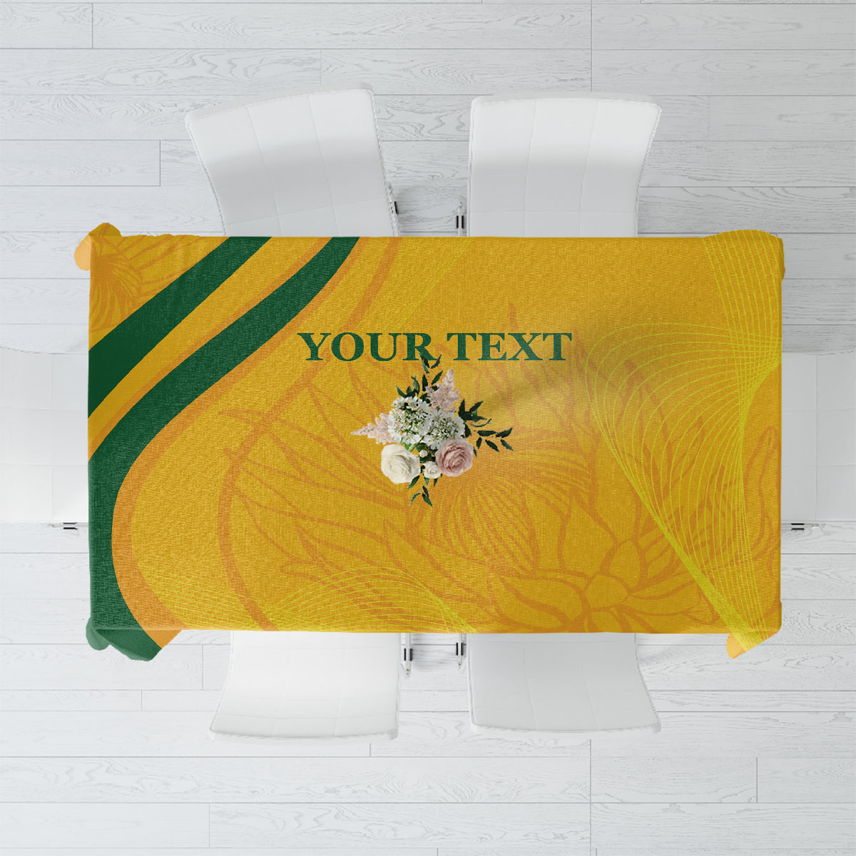 Gold tablecloth with green diagonal stripe, floral design, and centered “YOUR TEXT”
