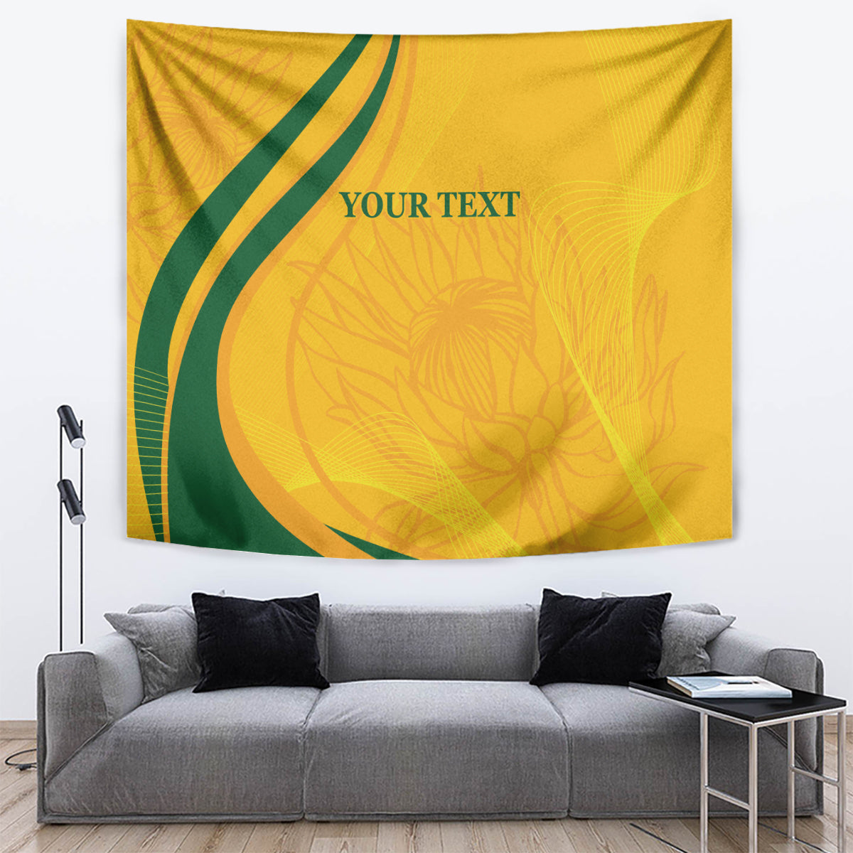 Gold and green cricket tapestry wall hanging with protea design and 'YOUR TEXT'