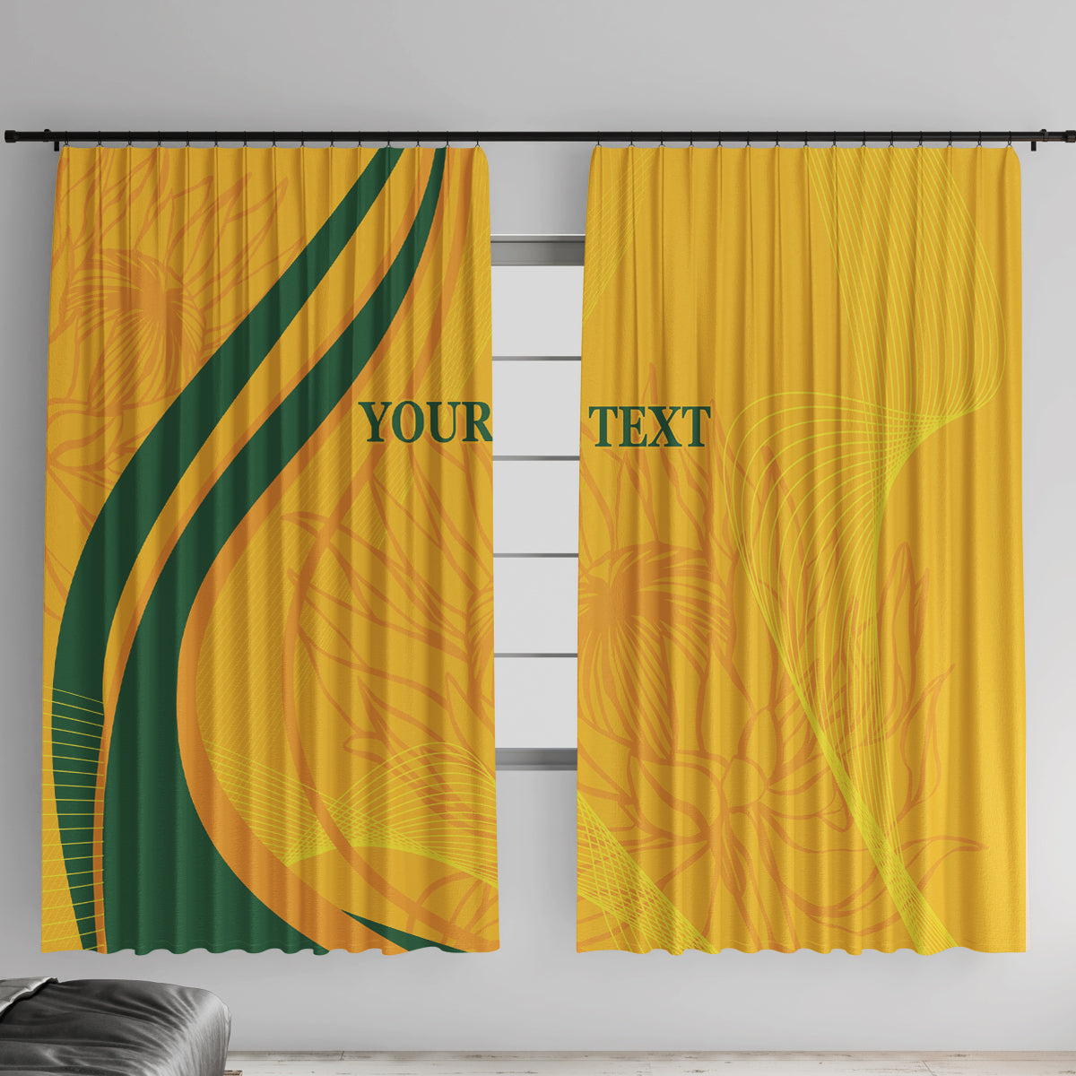 Pair of gold window curtains with green diagonal stripe and visible customizable text