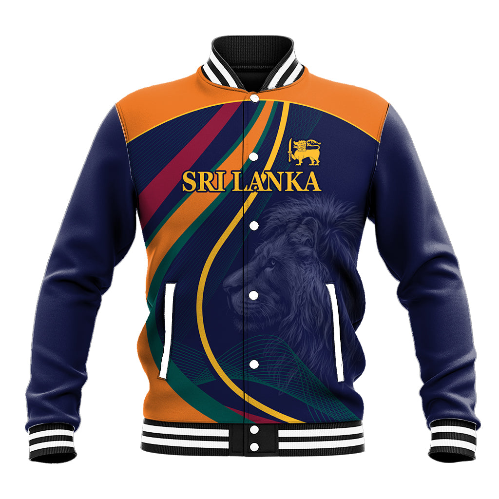 Unisex blue baseball jacket with striped panels, SRILANKA text, and lion graphic