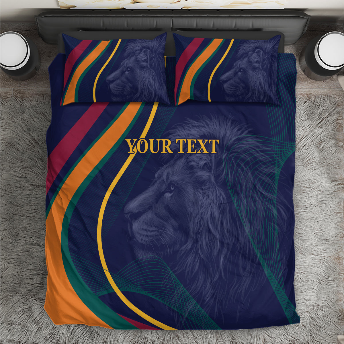 Blue bedding set with lion face, rainbow stripe bands, and 'YOUR TEXT' center