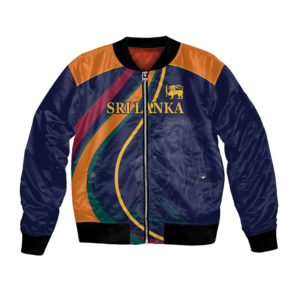 Blue bomber jacket with orange yoke, front zipper and 'SRI LANKA' print