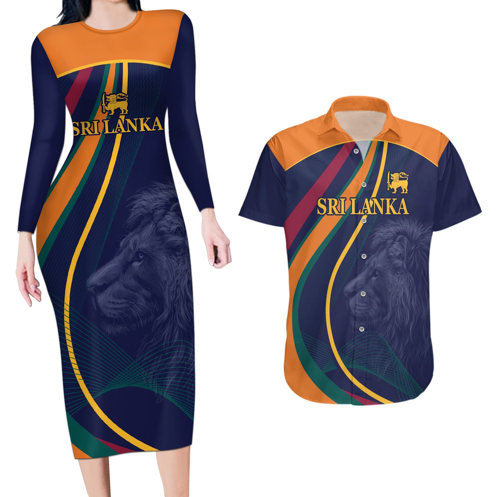 Sri Lanka Cricket World Cup 2024 Couples Matching Long Sleeve Bodycon Dress and Hawaiian Shirt Shri Lanka Jathika Crikat Kandayama LT9 - Wonder Print Shop