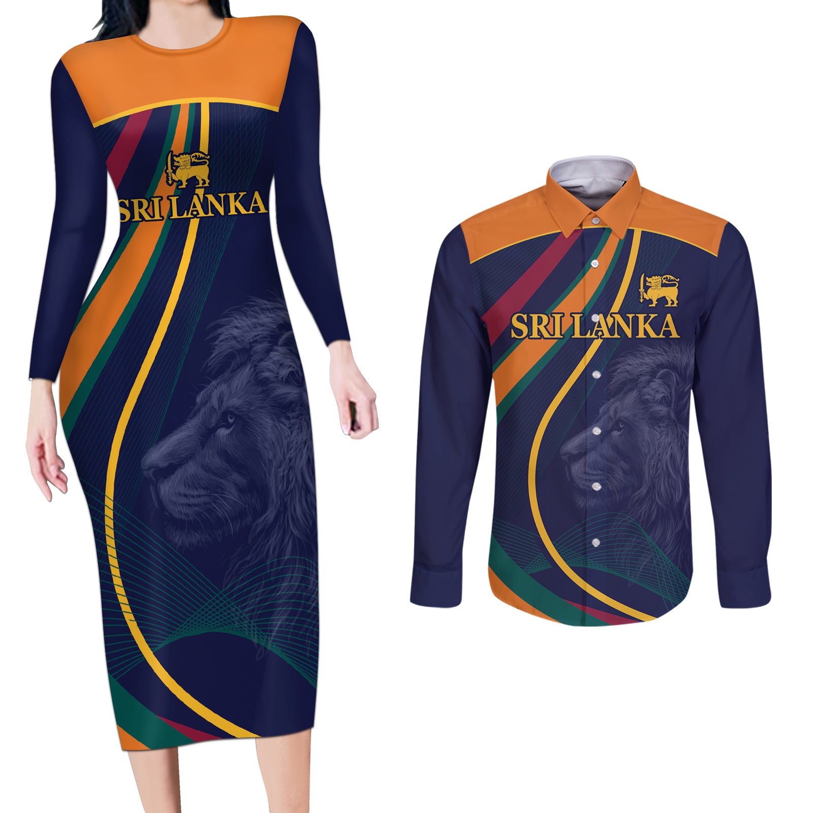 Sri Lanka Cricket World Cup 2024 Couples Matching Long Sleeve Bodycon Dress and Long Sleeve Button Shirt Shri Lanka Jathika Crikat Kandayama LT9 - Wonder Print Shop