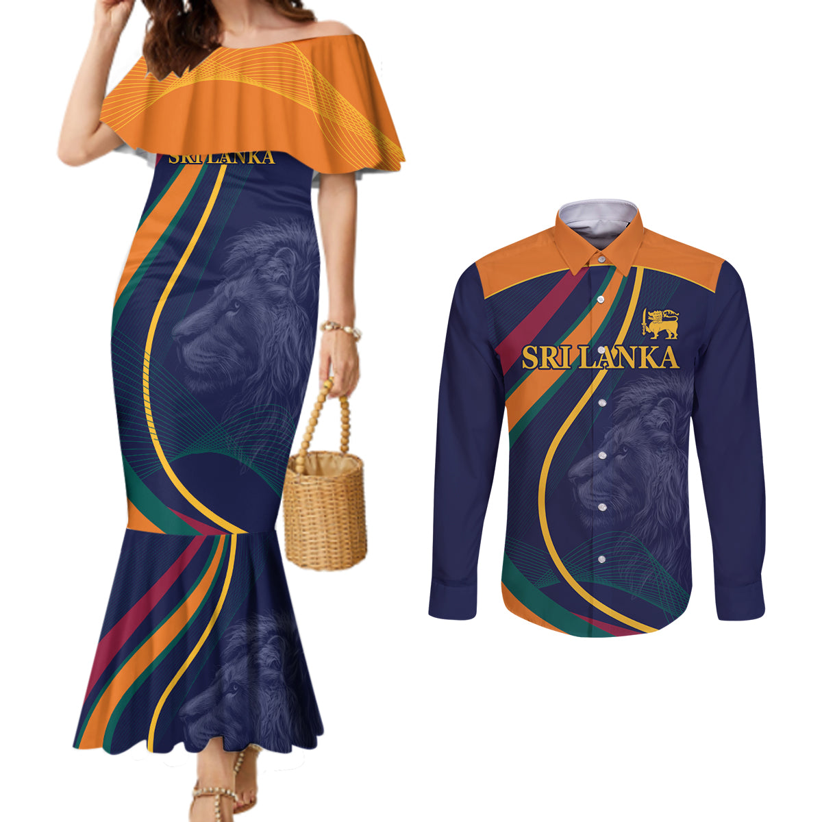 Sri Lanka Cricket World Cup 2024 Couples Matching Mermaid Dress and Long Sleeve Button Shirt Shri Lanka Jathika Crikat Kandayama