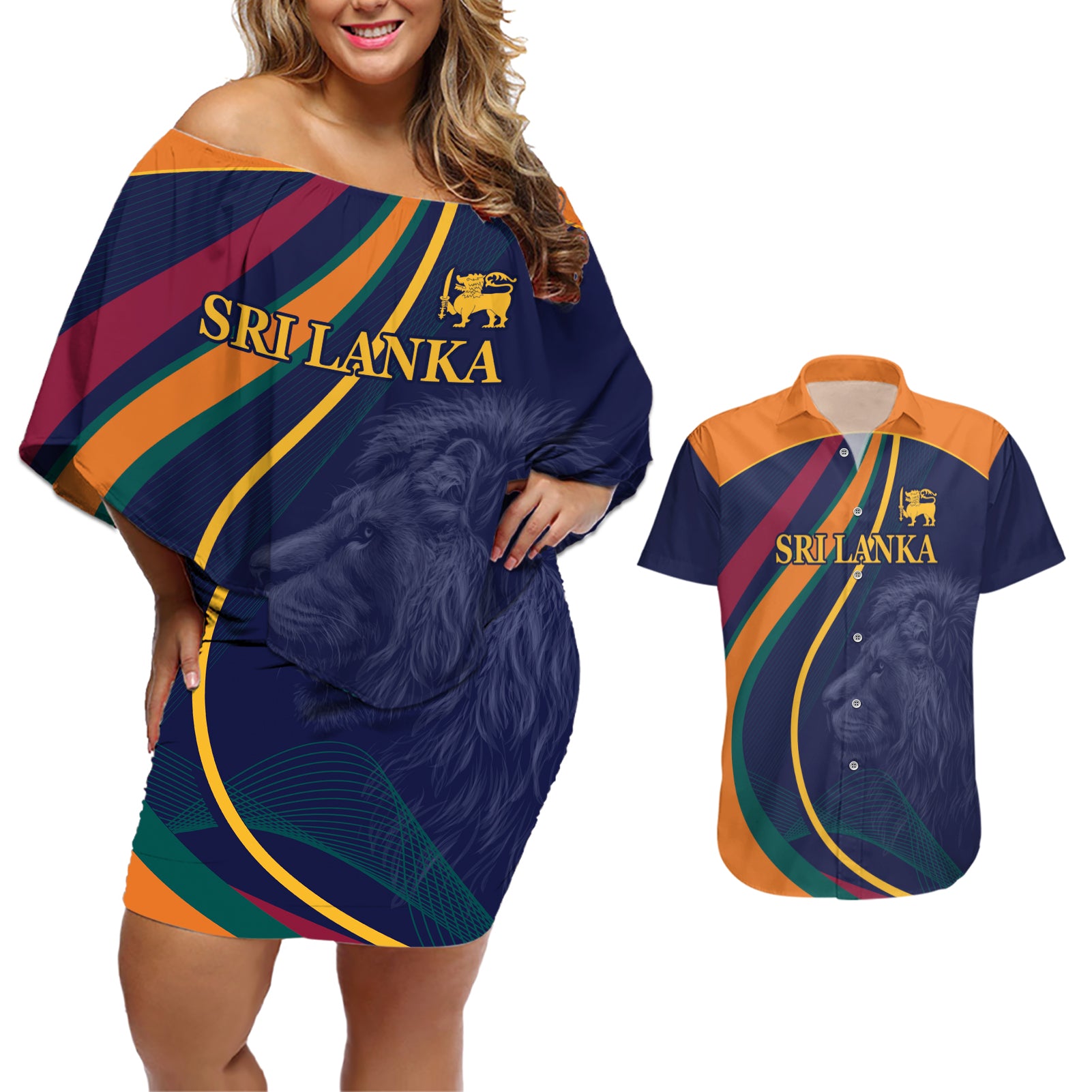 Sri Lanka Cricket World Cup 2024 Couples Matching Off Shoulder Short Dress and Hawaiian Shirt Shri Lanka Jathika Crikat Kandayama LT9 - Wonder Print Shop