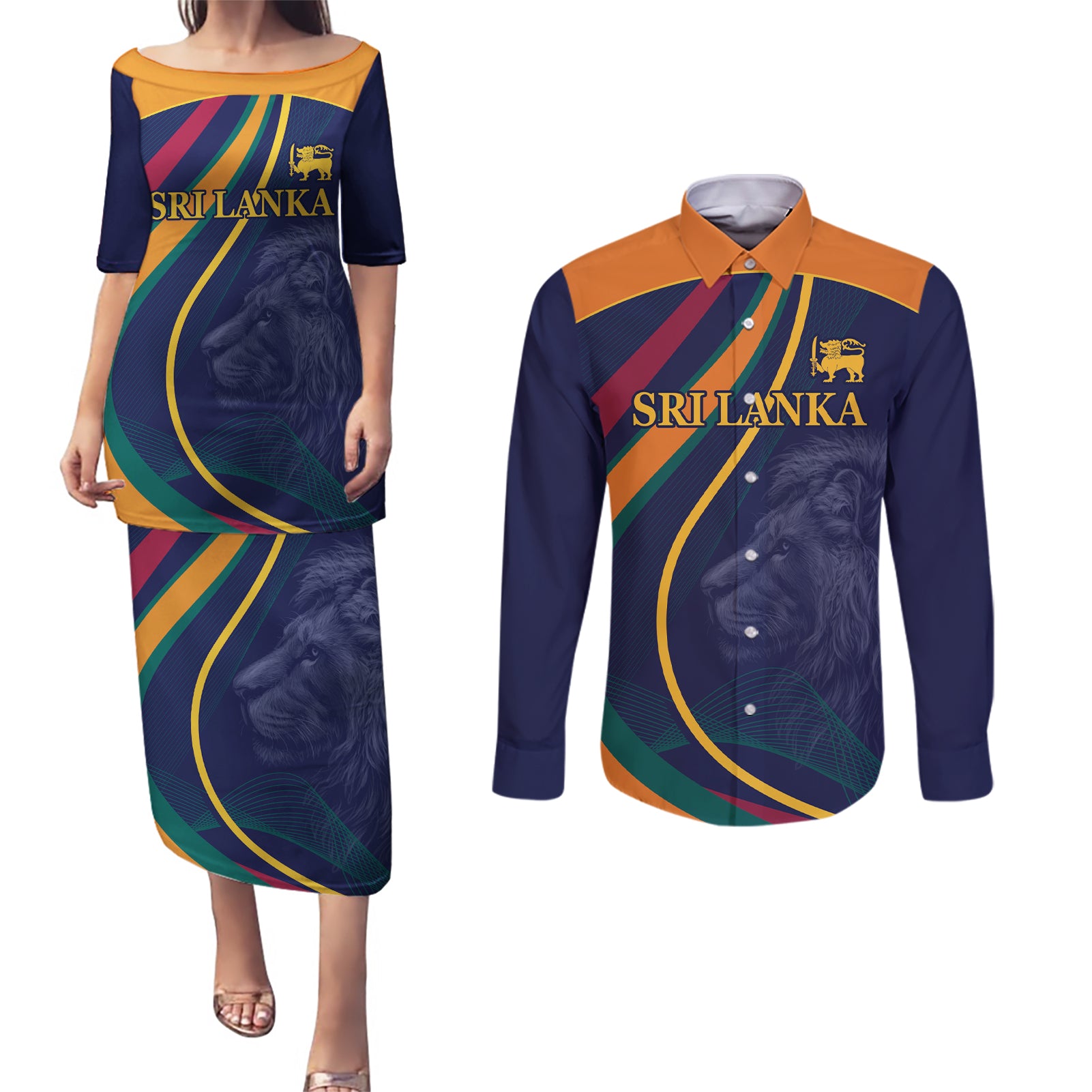 Sri Lanka Cricket World Cup 2024 Couples Matching Puletasi and Long Sleeve Button Shirt Shri Lanka Jathika Crikat Kandayama LT9 - Wonder Print Shop