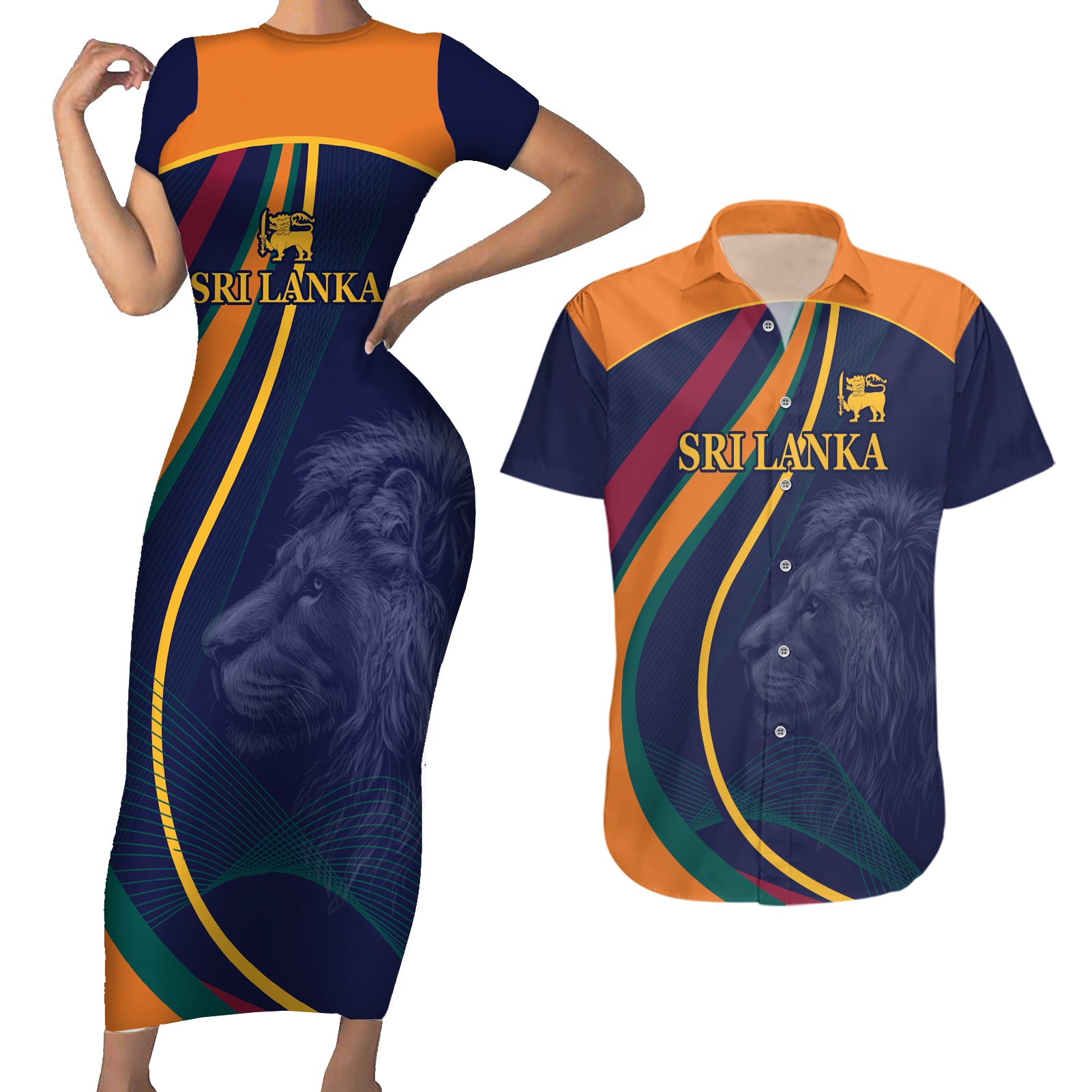 Sri Lanka Cricket World Cup 2024 Couples Matching Short Sleeve Bodycon Dress and Hawaiian Shirt Shri Lanka Jathika Crikat Kandayama LT9 - Wonder Print Shop