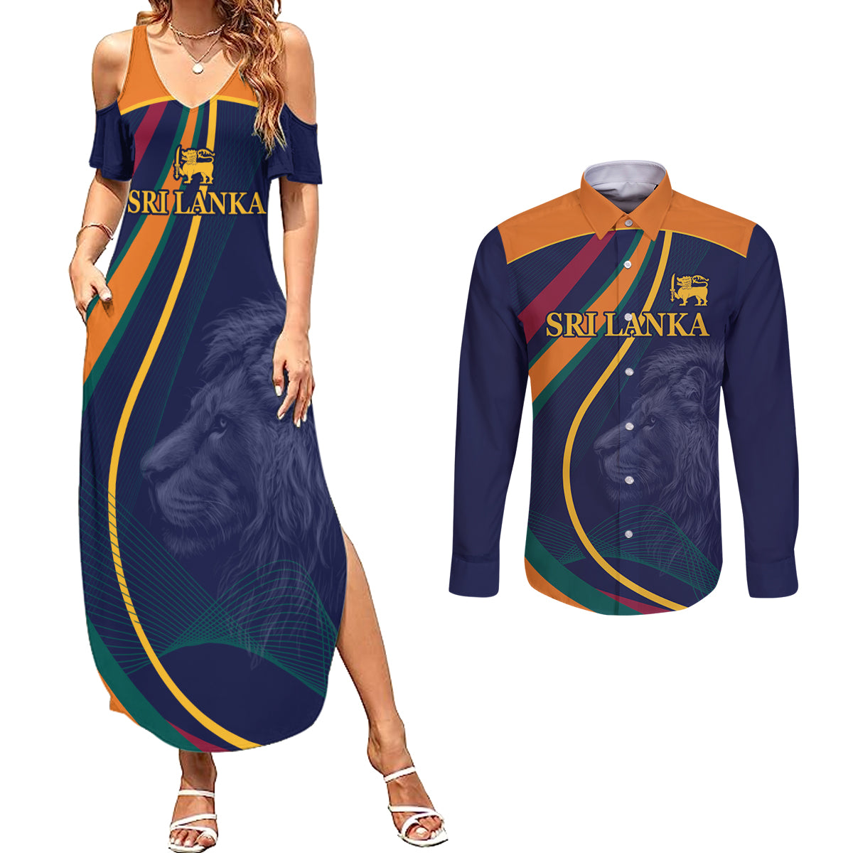 Sri Lanka Cricket World Cup 2024 Couples Matching Summer Maxi Dress and Long Sleeve Button Shirt Shri Lanka Jathika Crikat Kandayama LT9 - Wonder Print Shop