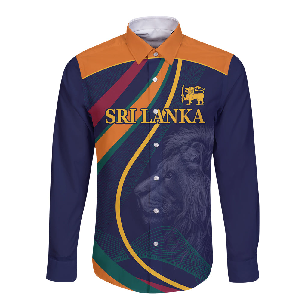 Blue long-sleeve button shirt with orange collar, 'Sri Lanka' text and lion crest
