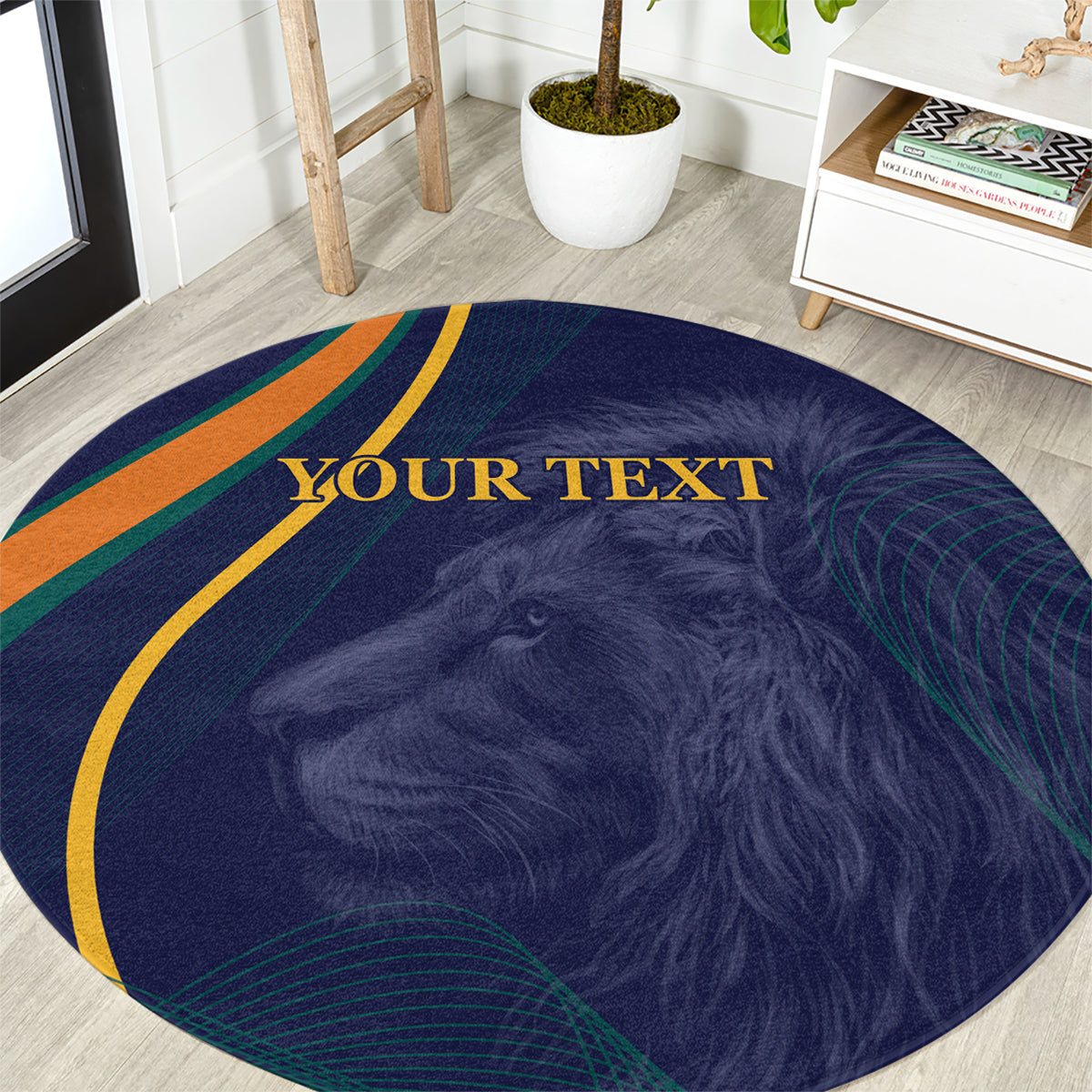 Blue round cricket-themed carpet featuring lion graphic, stripe accents, and gold text