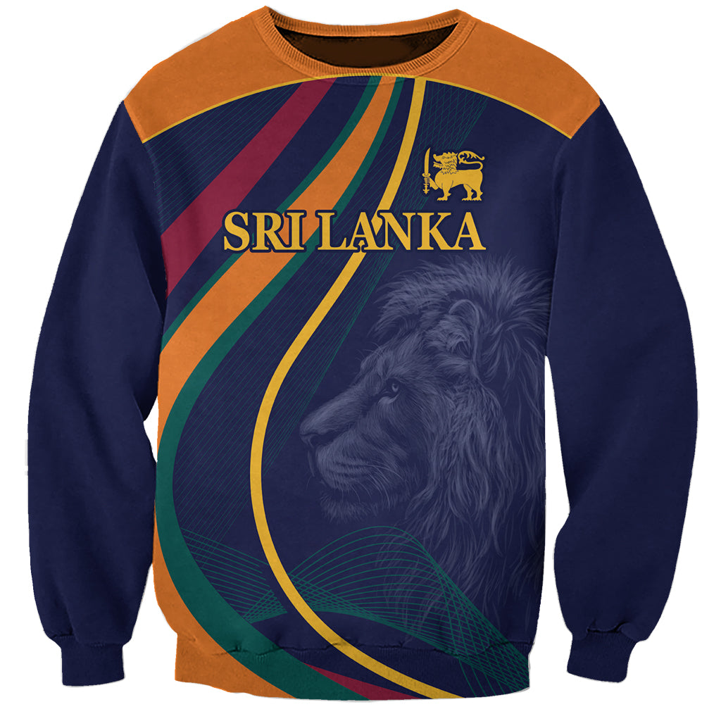 Unisex blue sweatshirt with Sri Lanka print, lion graphic, multicolor curved stripes