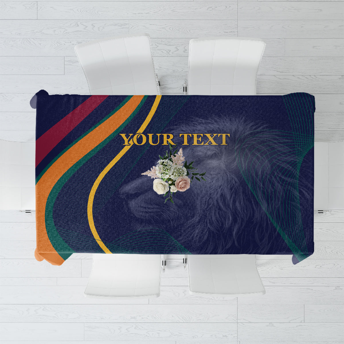 Blue cricket tablecloth with custom text area and floral graphic, fully laid flat