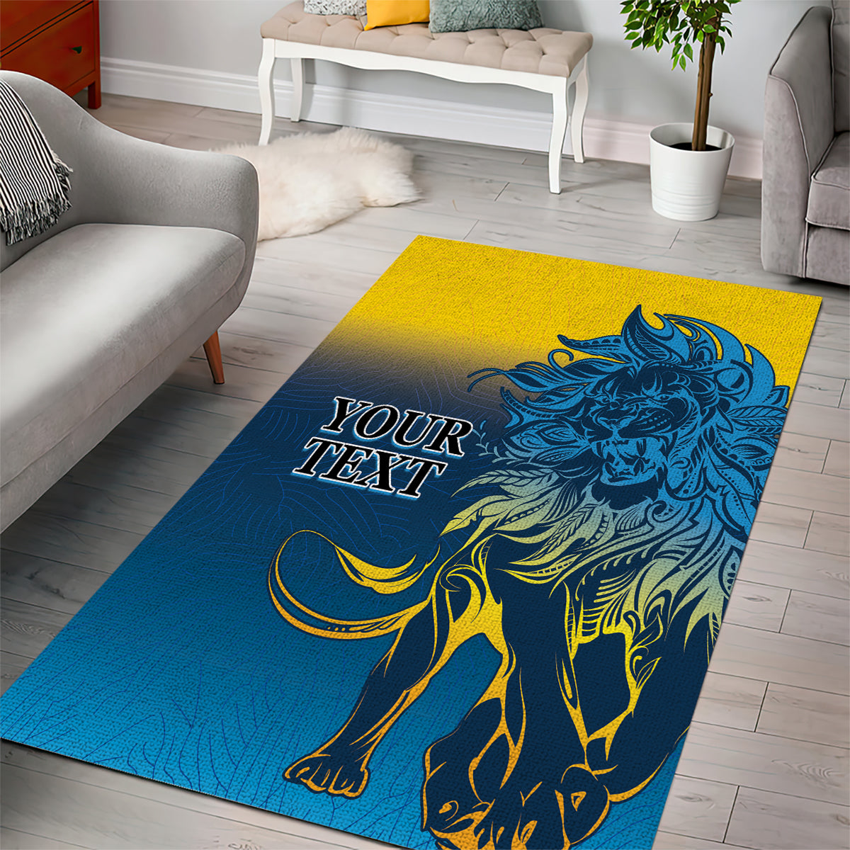Blue area rug featuring a lion illustration with yellow highlights and “YOUR TEXT”