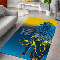 Blue area rug featuring a lion illustration with yellow highlights and “YOUR TEXT”