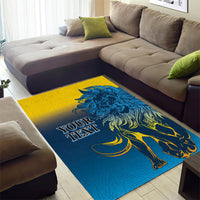 Blue area rug with lion artwork, yellow highlights, and “YOUR TEXT” text