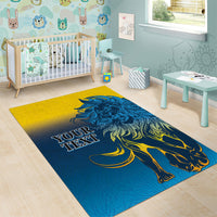 Blue lion area rug with yellow accents and “YOUR TEXT” printed text