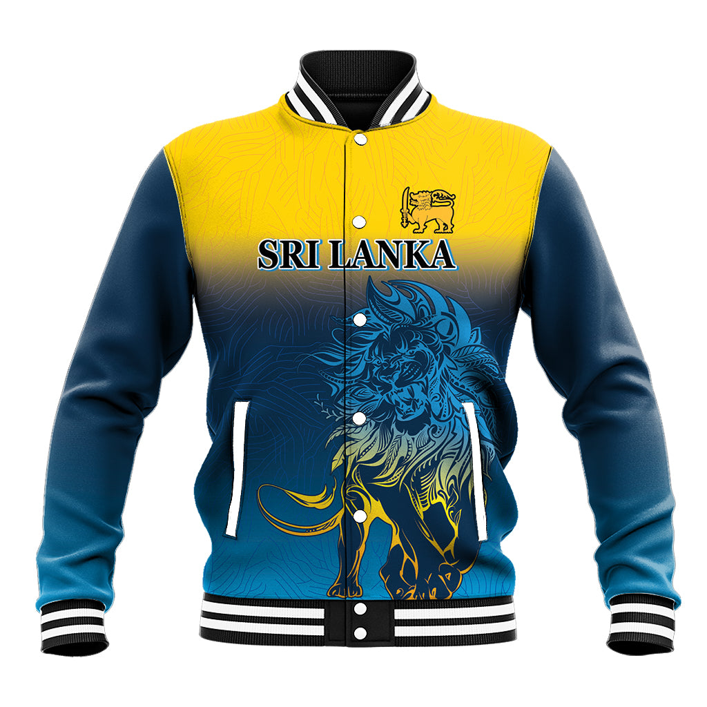Unisex baseball jacket with Sri Lanka text, lion crest, striped collar and button front