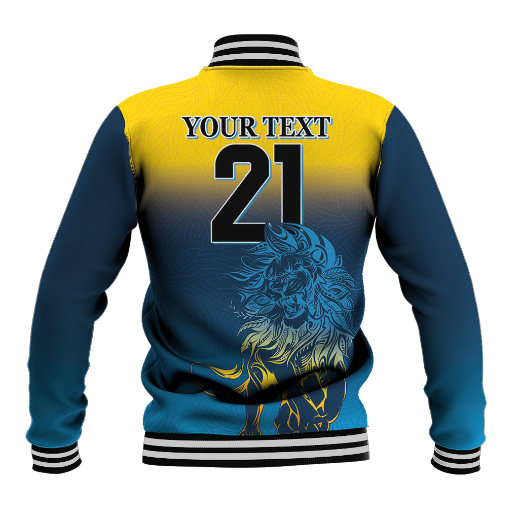 Unisex baseball jacket with yellow-and-blue lion graphic, striped collar and number 21