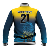 Unisex baseball jacket with yellow-and-blue lion graphic, striped collar and number 21