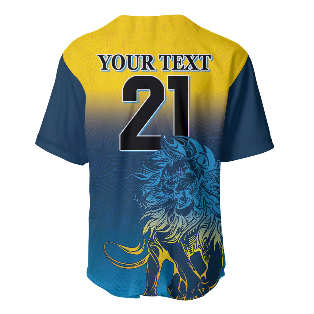 Yellow-and-blue baseball jersey back with lion graphic and large number 21