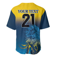 Yellow-and-blue baseball jersey back with lion graphic and large number 21