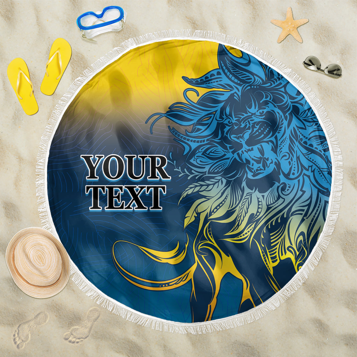 Round beach blanket with blue and yellow lion print and white fringed edge