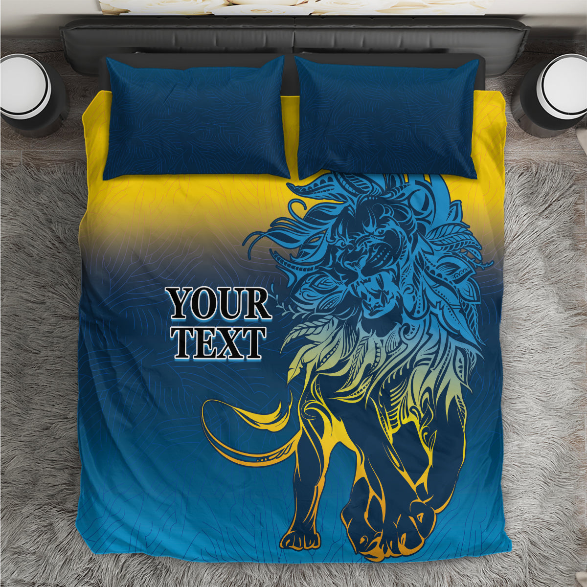 Blue and yellow lion graphic bedding set with two matching square pillows