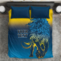 Blue and yellow lion graphic bedding set with two matching square pillows