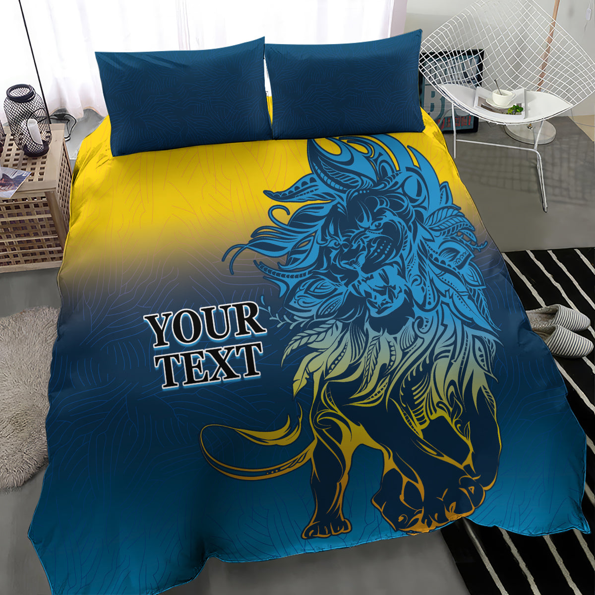 Blue and yellow lion print bedding set with two pillows and duvet cover