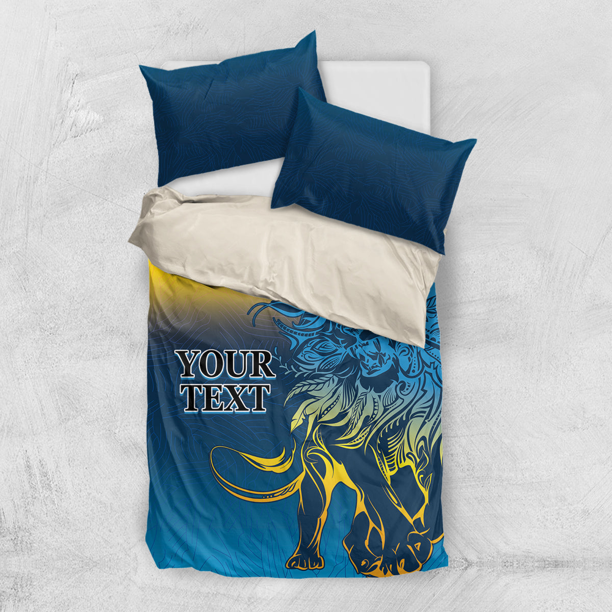 Blue and yellow lion print bedding set with two pillows and duvet cover
