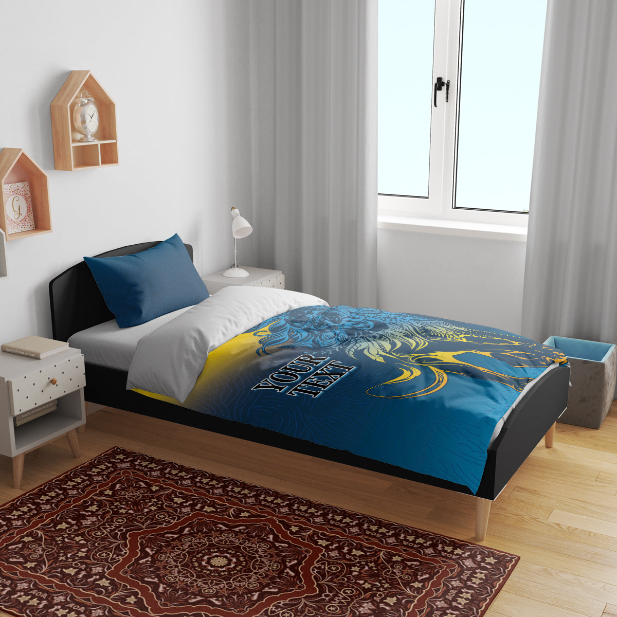 Blue and yellow lion print duvet cover with two pillows on a bed