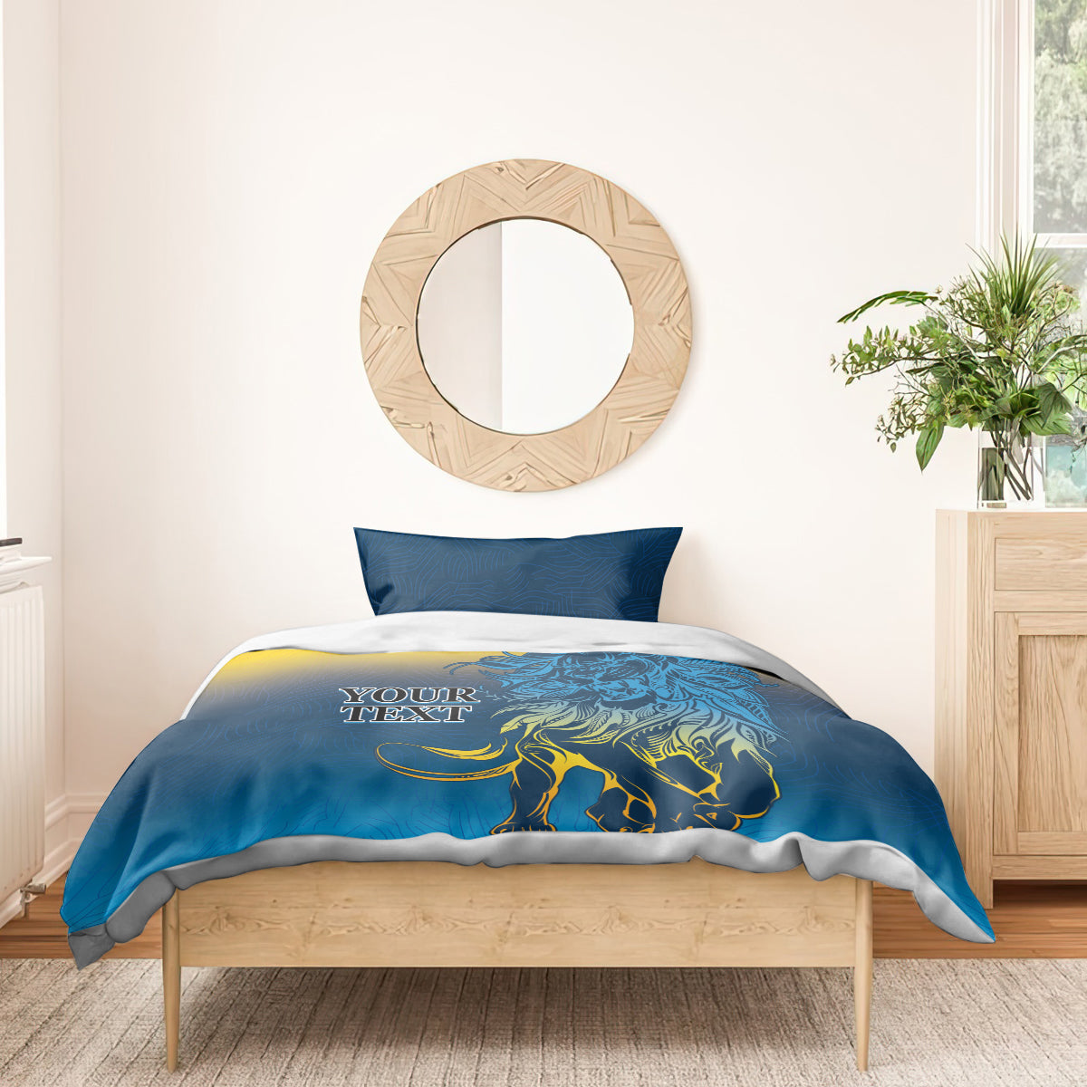 Blue lion graphic bedding set with duvet cover and two pillowcases on bed