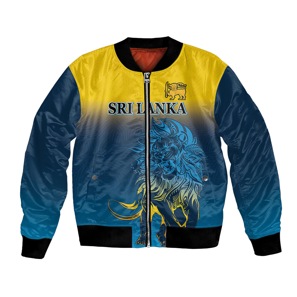 Bomber jacket with yellow and blue lion graphic, zip front, ribbed black trims