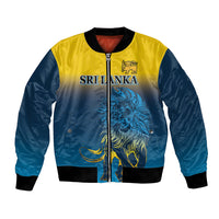 Bomber jacket with yellow and blue lion graphic, zip front, ribbed black trims