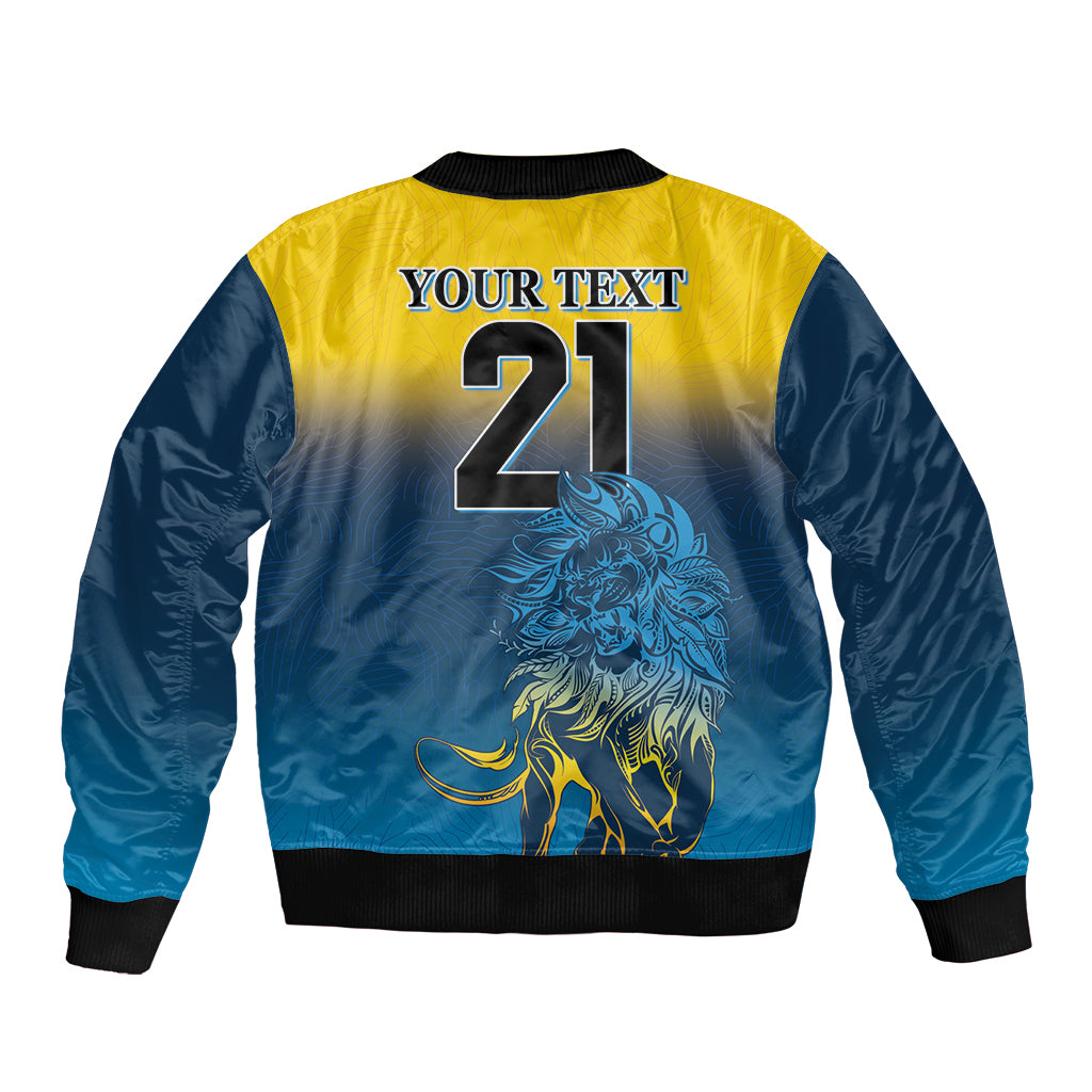 Bomber jacket yellow and blue with '21' and lion graphic, black ribbed hem