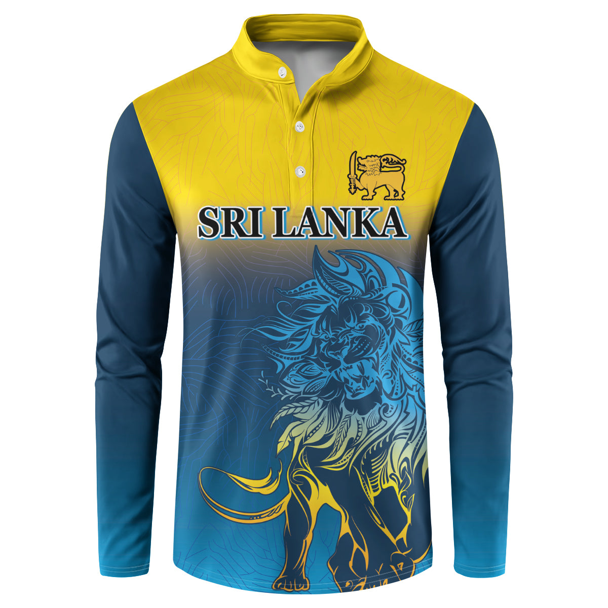 Two-tone button sweatshirt with lion and SRI LANKA print, yellow body and blue sleeves