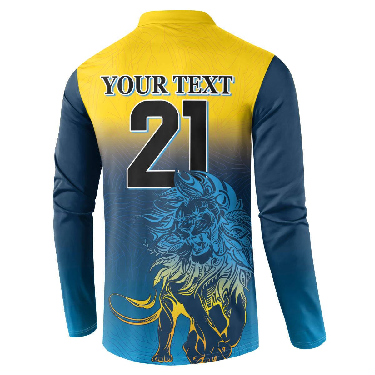 Button sweatshirt back with 'YOUR TEXT 21' and lion graphic, yellow and blue two-tone